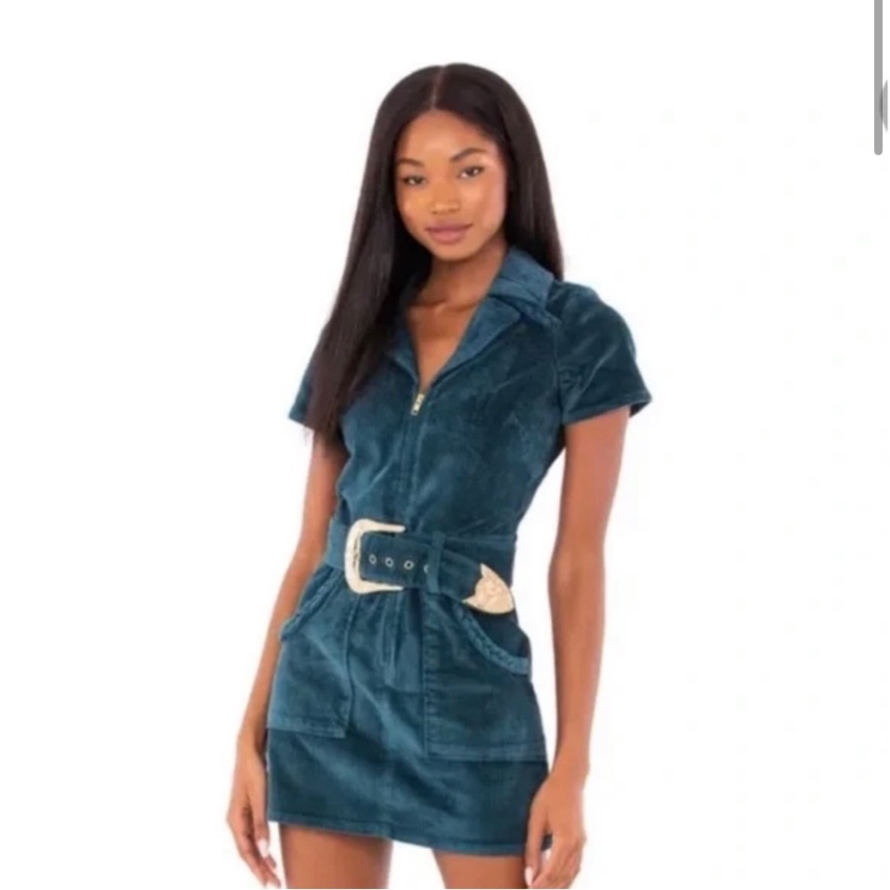 NWOT Show Me Your Mumu Outlaw Teal Blue Corduroy & Gold Buckle Belted Dress